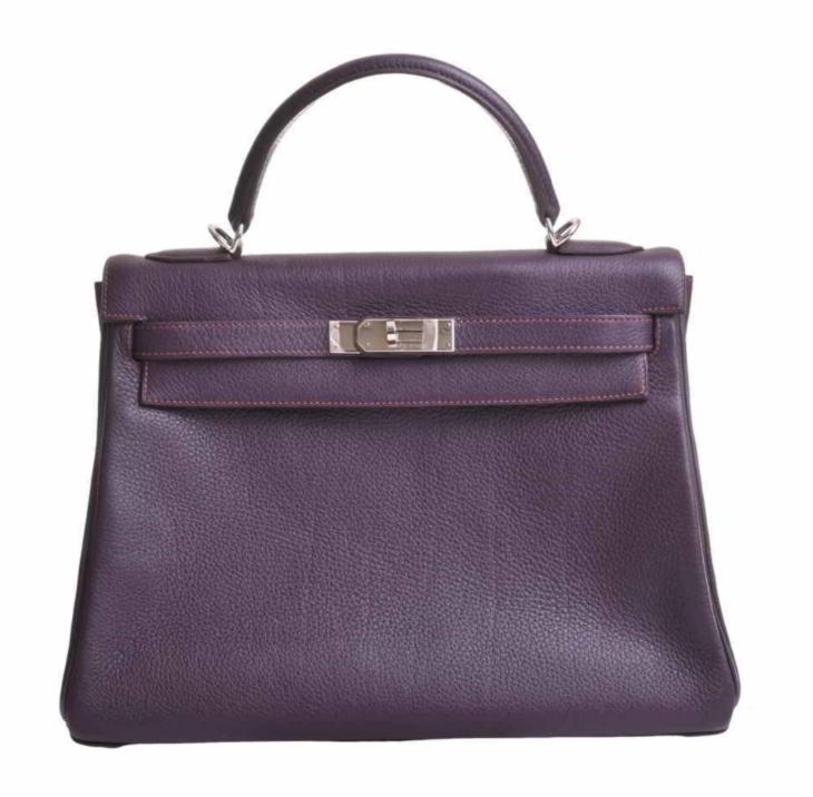 Bolso de mano Hermes Kelly 32 violeta Clemence de piel con estuche y accesorios