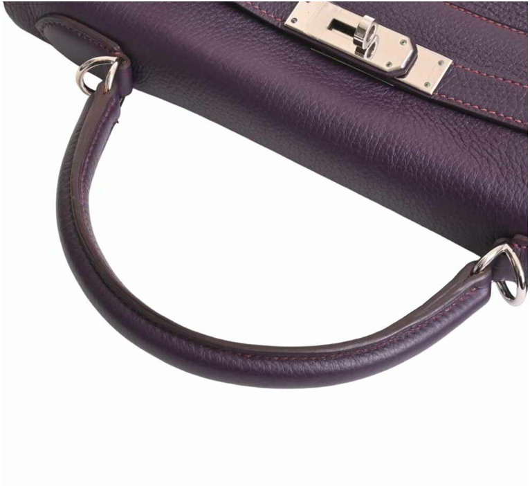 Bolso de mano Hermes Kelly 32 violeta Clemence de piel con estuche y accesorios