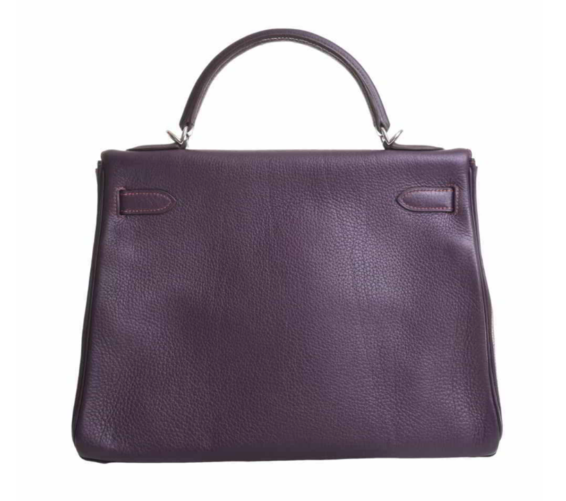Bolso de mano Hermes Kelly 32 violeta Clemence de piel con estuche y accesorios