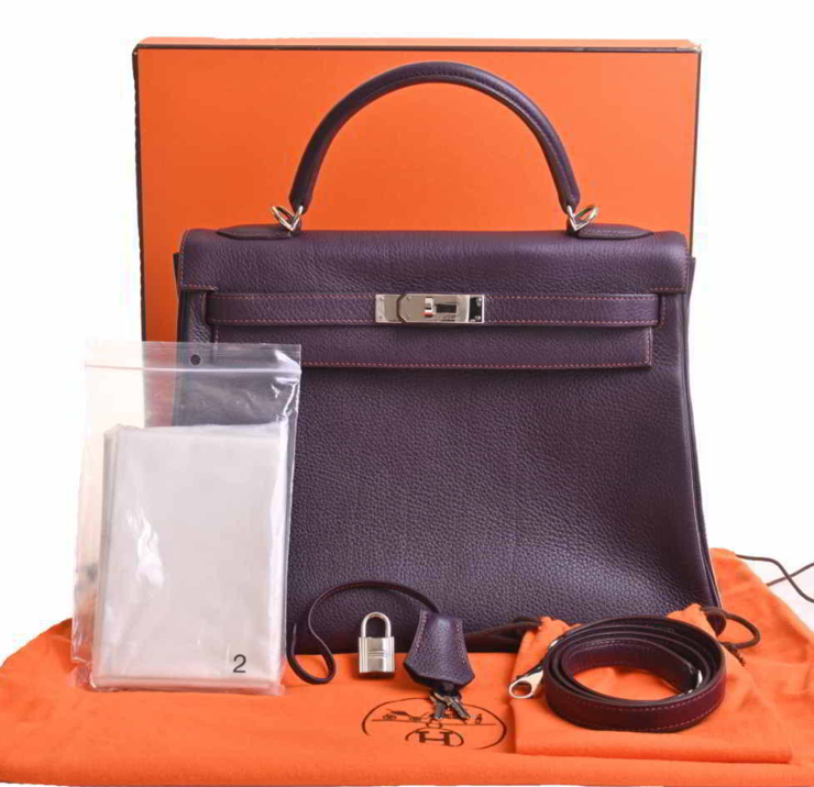 Bolso de mano Hermes Kelly 32 violeta Clemence de piel con estuche y accesorios