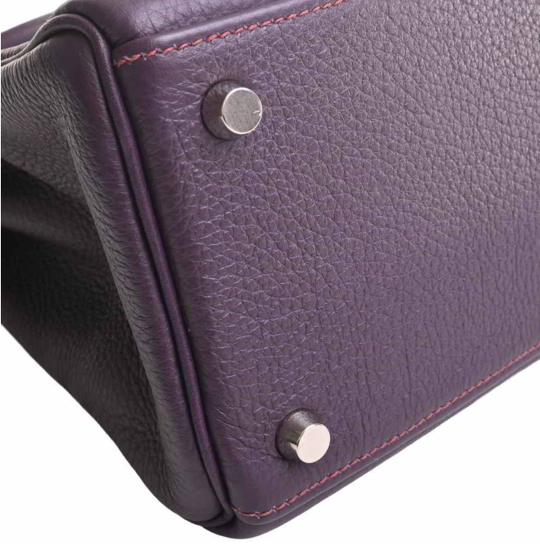 Bolso de mano Hermes Kelly 32 violeta Clemence de piel con estuche y accesorios