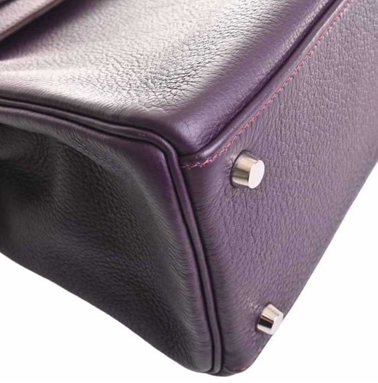 Bolso de mano Hermes Kelly 32 violeta Clemence de piel con estuche y accesorios