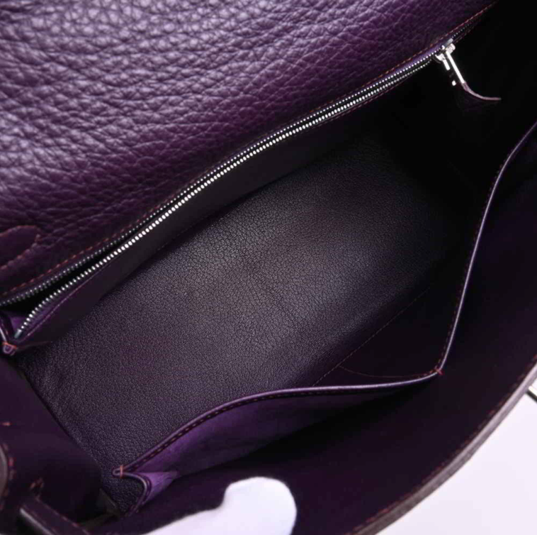 Bolso de mano Hermes Kelly 32 violeta Clemence de piel con estuche y accesorios