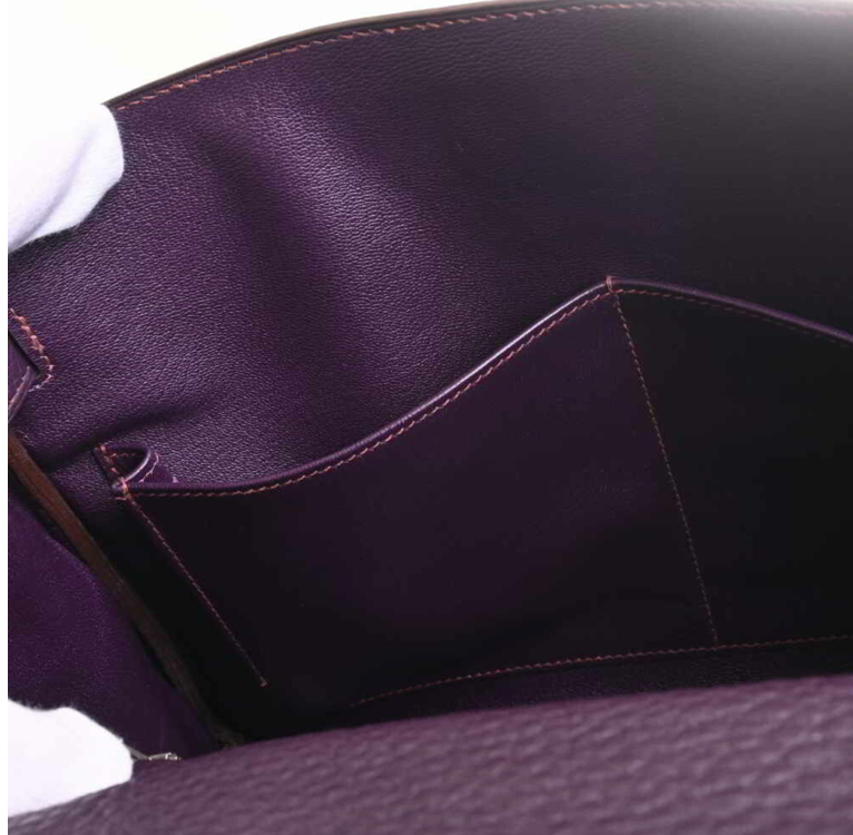Bolso de mano Hermes Kelly 32 violeta Clemence de piel con estuche y accesorios