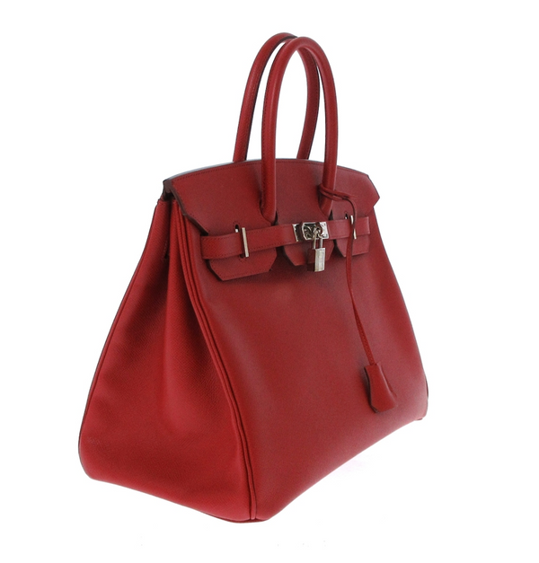愛馬仕 BIRKIN 35 公分紅色皮革手提包，附防塵袋、CADENA（附鑰匙）和鐘形布