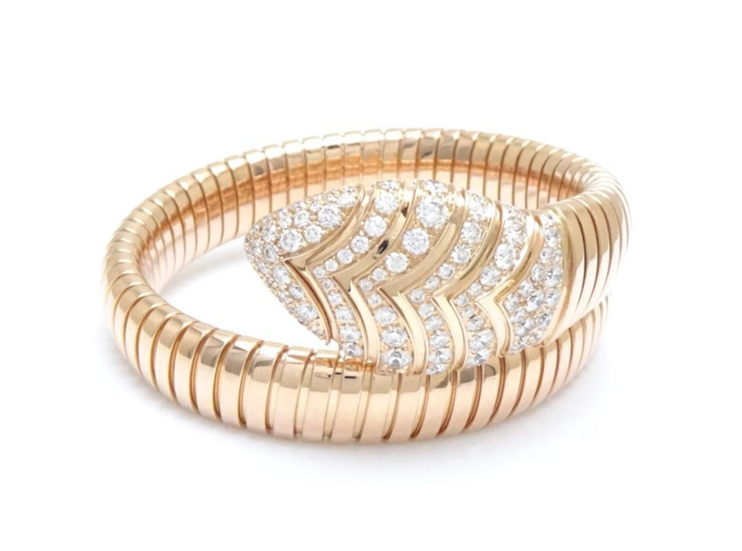 Bulgari Serpenti Tubogas single spiral bracelet in 18k rose gold, set with pavé diamonds of 3.2ctw