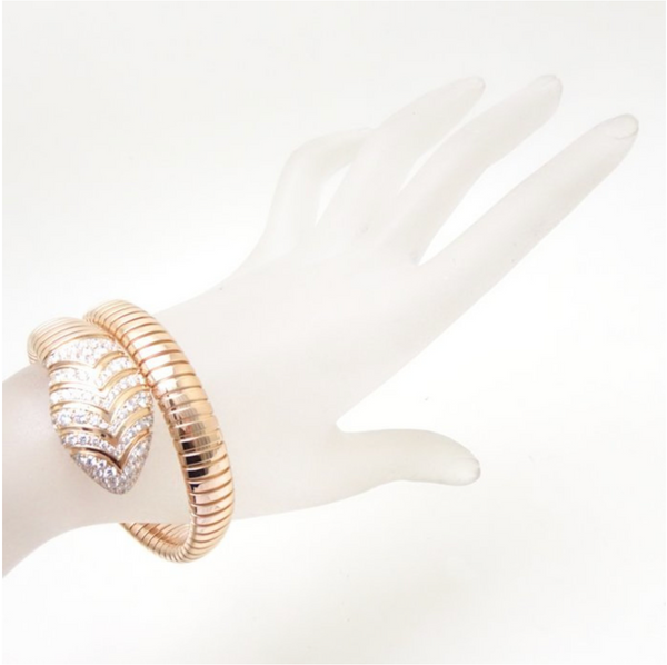 Bulgari Serpenti Tubogas single spiral bracelet in 18k rose gold, set with pavé diamonds of 3.2ctw