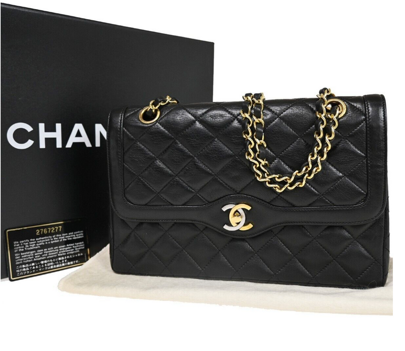 Vintage CHANEL double flap handbag with two tone clasp in full set