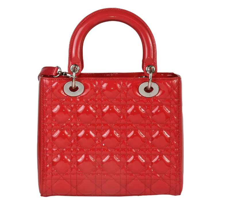 Lady Dior in Red Patent Cannage Calfskin with a shoulder strap