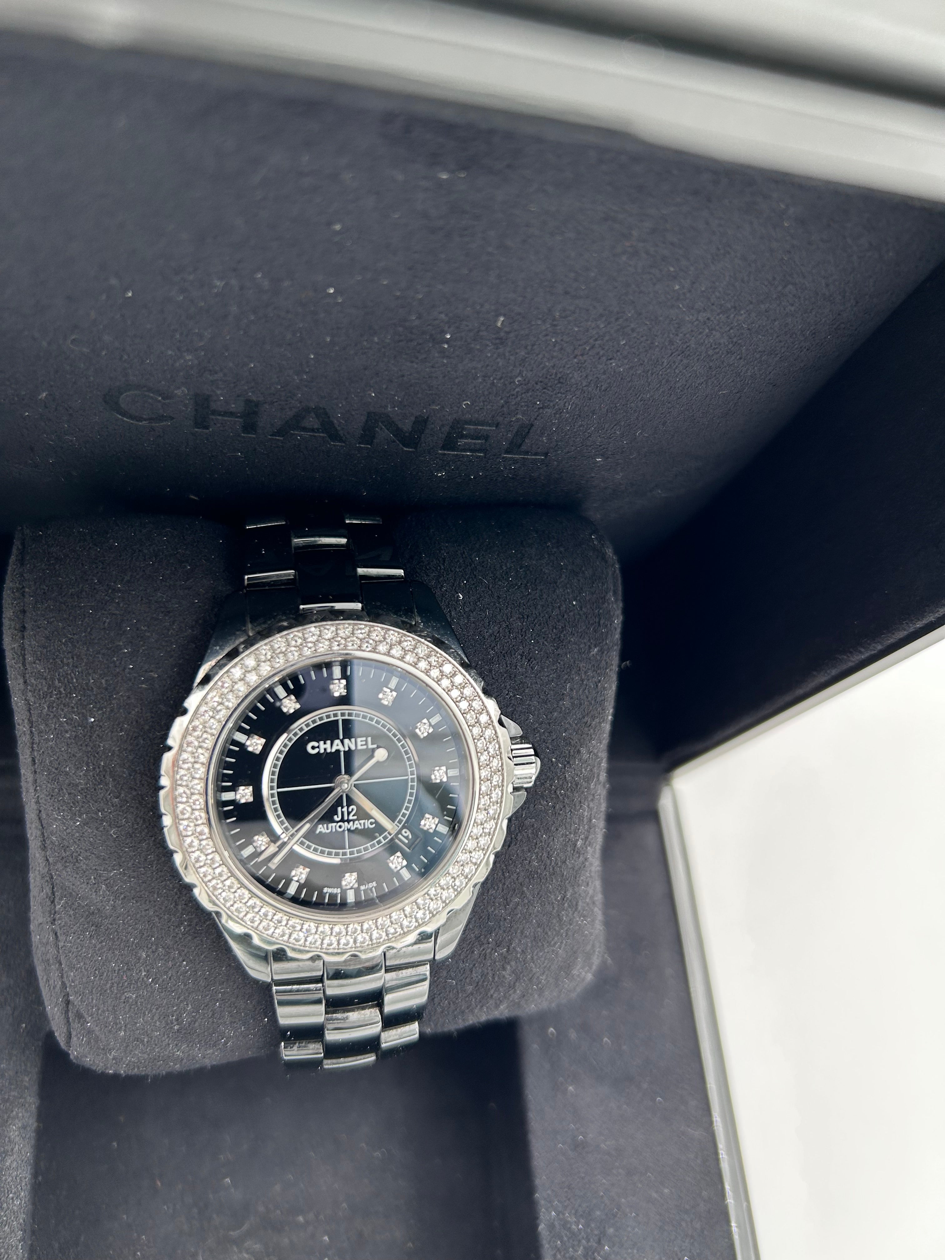 Pre-owned Full set Chanel J12 Automatic ceramic watch with diamond bezel