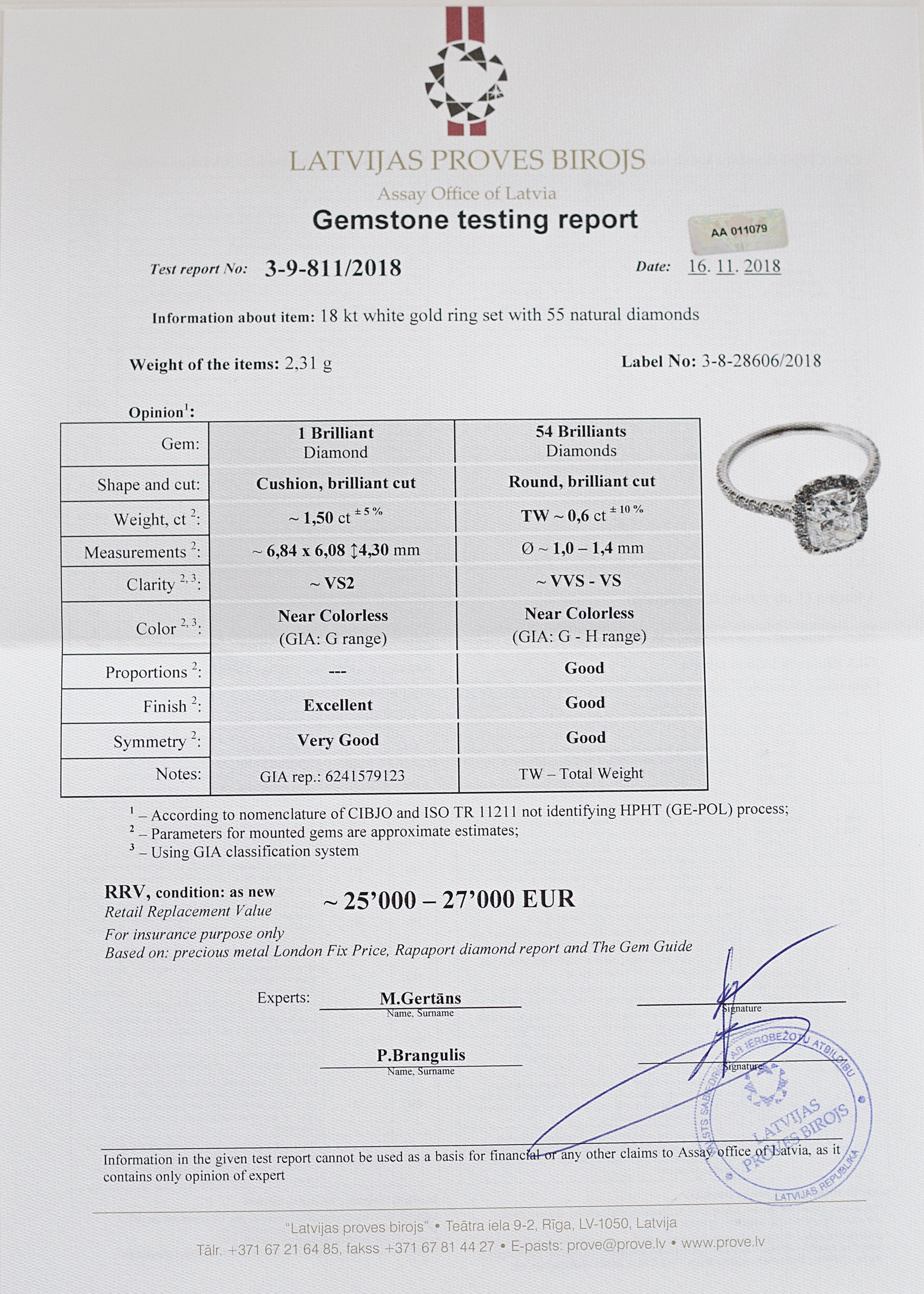 Anillo de compromiso de oro blanco de 18 quilates con un diamante de talla cojín de 1,50 quilates con certificación GIA
