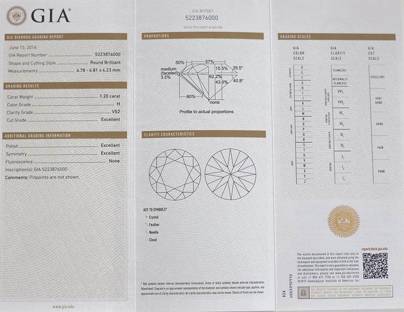 GIA 認證 1.20 克拉圓形切割鑽石，鑲嵌 18K 白金