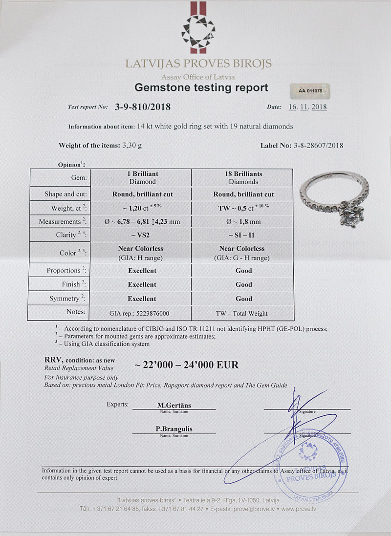 GIA 認證 1.20 克拉圓形切割鑽石，鑲嵌 18K 白金