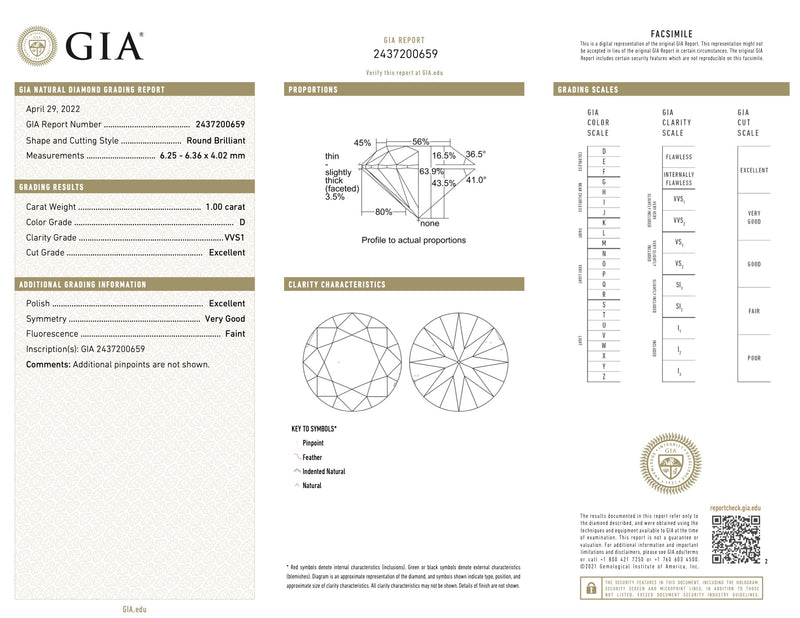 GIA 認證 1 克拉 VVS1 淨度 D 色圓形明亮式切割裸鑽