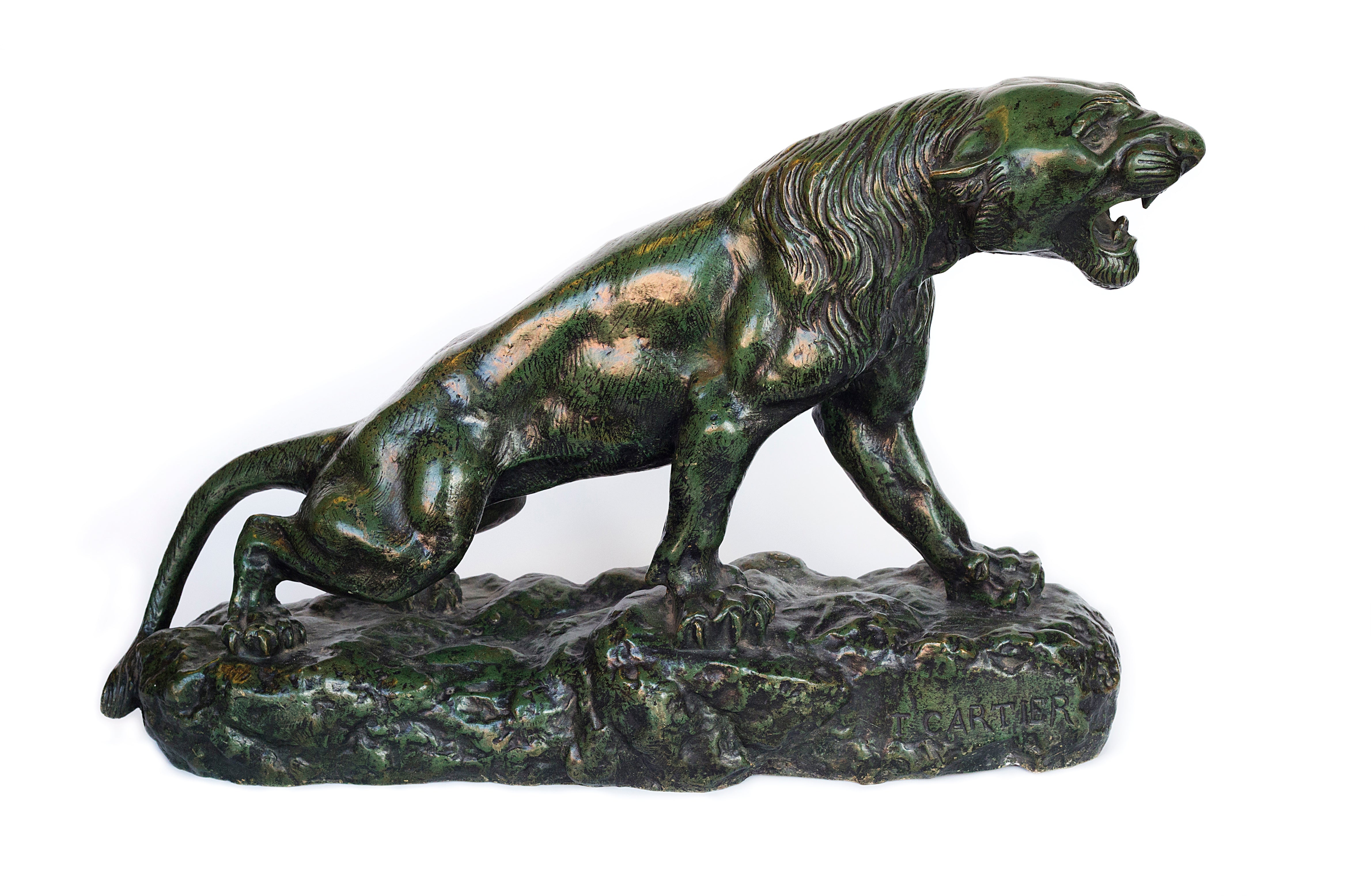 Siglo XIX Bronce con pátina verde Pantera rugiente de Thomas Francois Cartier