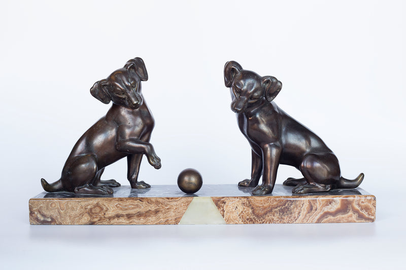 Bronze sculpture on a Marble plinth by Irenee Rochard “Two Fox Terrier puppies playing with a ball"