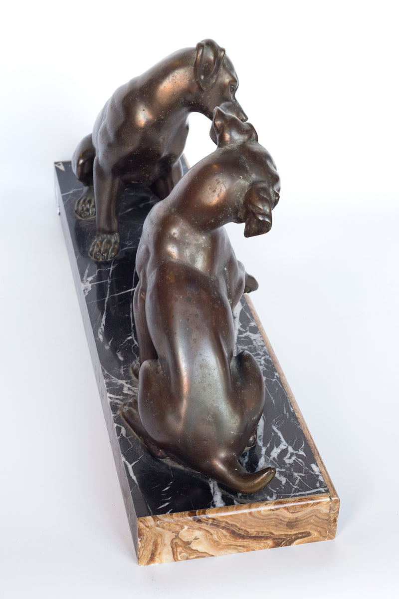 Bronze sculpture on a Marble plinth by Irenee Rochard “Two Fox Terrier puppies playing with a ball"