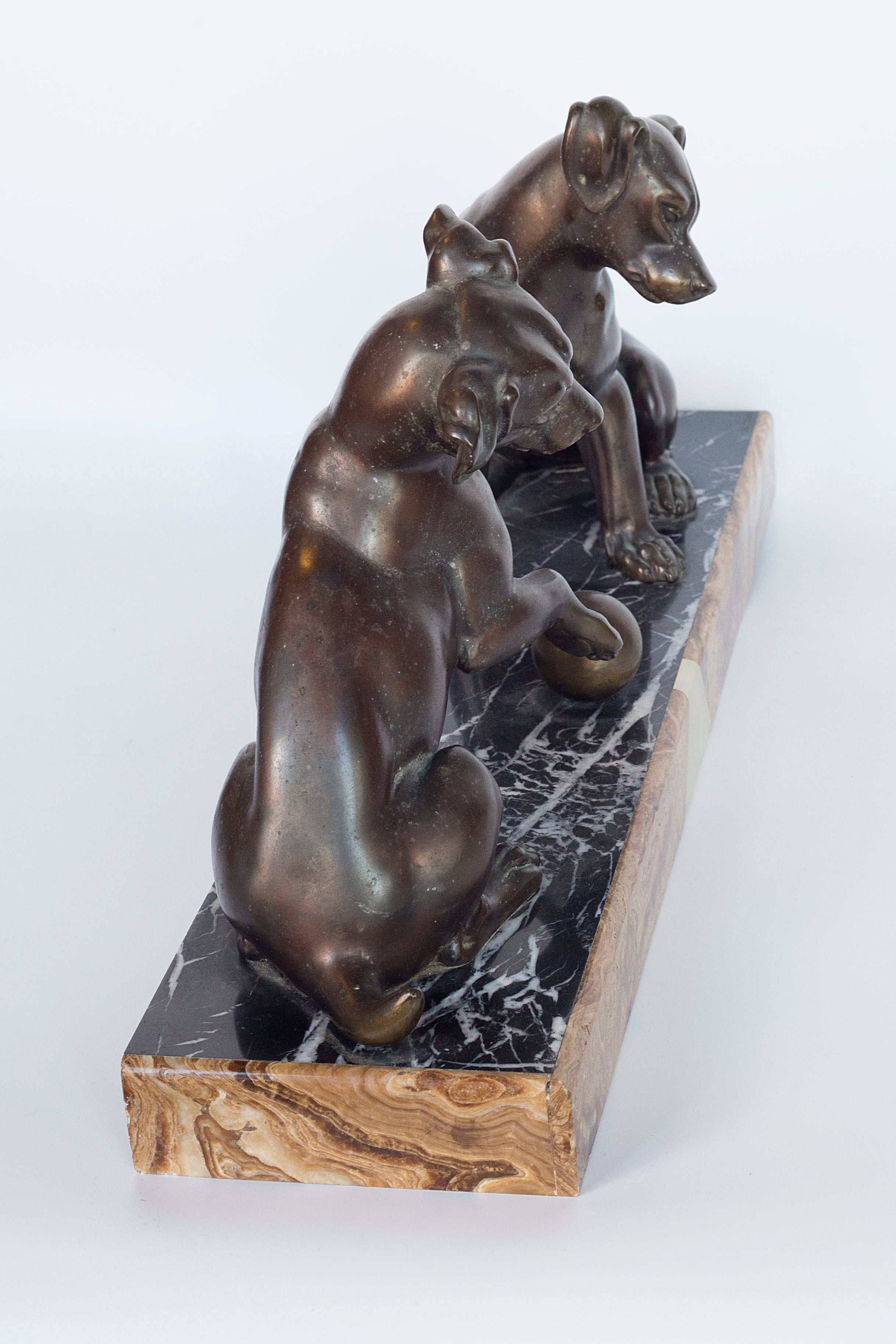 Bronze sculpture on a Marble plinth by Irenee Rochard “Two Fox Terrier puppies playing with a ball"