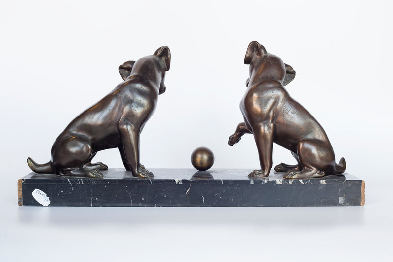 Bronze sculpture on a Marble plinth by Irenee Rochard “Two Fox Terrier puppies playing with a ball"