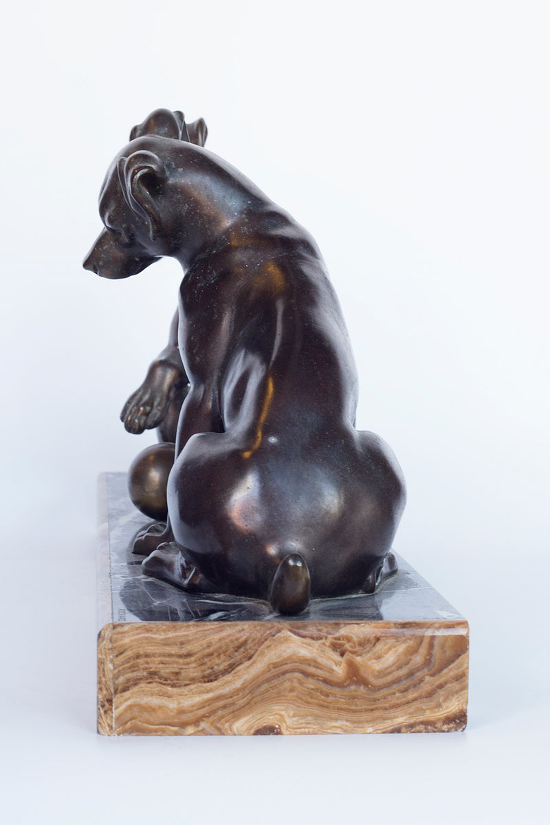 Bronze sculpture on a Marble plinth by Irenee Rochard “Two Fox Terrier puppies playing with a ball"