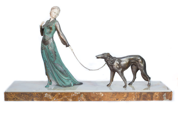 J. Roggia“Elegante Et Son Chien”大理石底座上的一位女士和一隻狗的青銅裝飾藝術雕塑