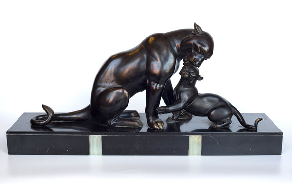 A Patinated Bronze Panther with a cub by Irenee Rochard (1906-1984)