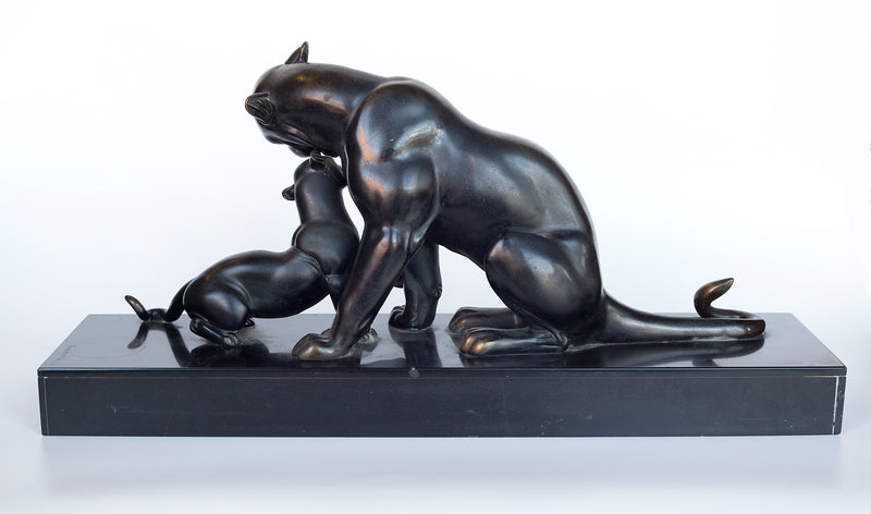 A Patinated Bronze Panther with a cub by Irenee Rochard (1906-1984)