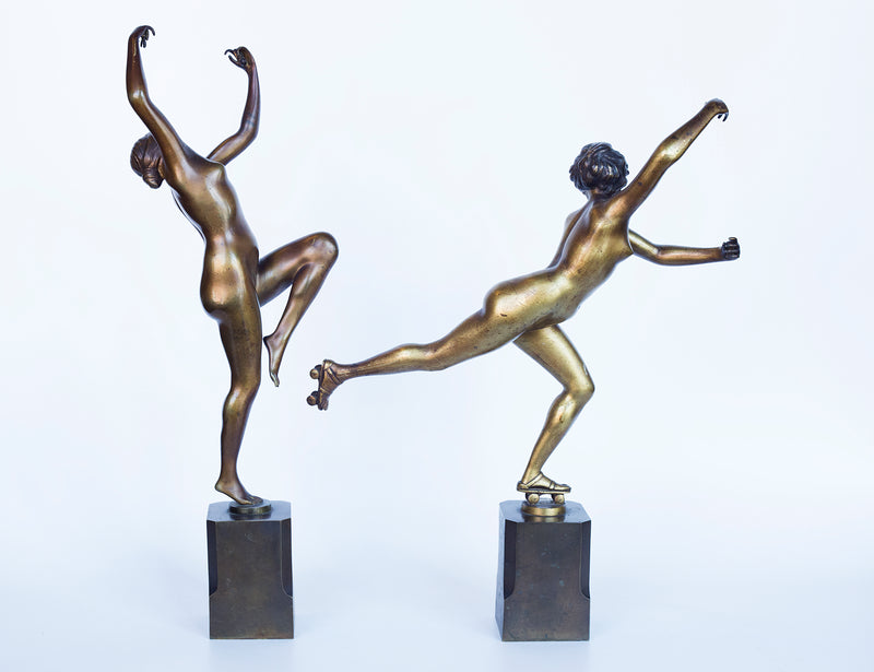 Two bronze Art Deco sculptures by H. Calot “Nude Dancer" and "Roller Skater” on a bronze plinth