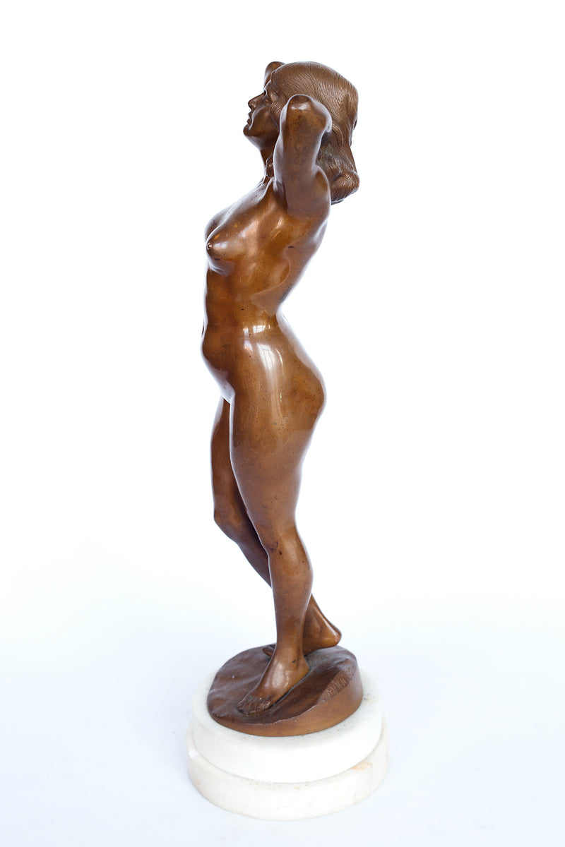 Bronze figure of a nude woman on a marble base signed by Gyula (Julius) Maugsch (Hungarian 1882-1942)