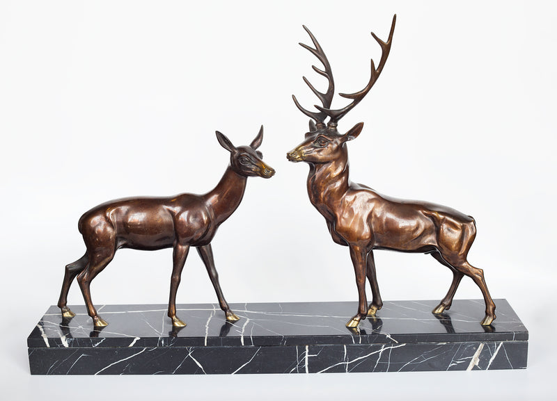 Art Deco bronze sculpture of deer and roe on marble base by De Roche