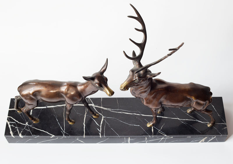 Art Deco bronze sculpture of deer and roe on marble base by De Roche