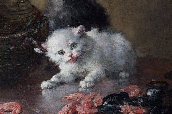 Charles Monginot（1825-1900）的畫作描繪了小貓和海鮮，布面油畫