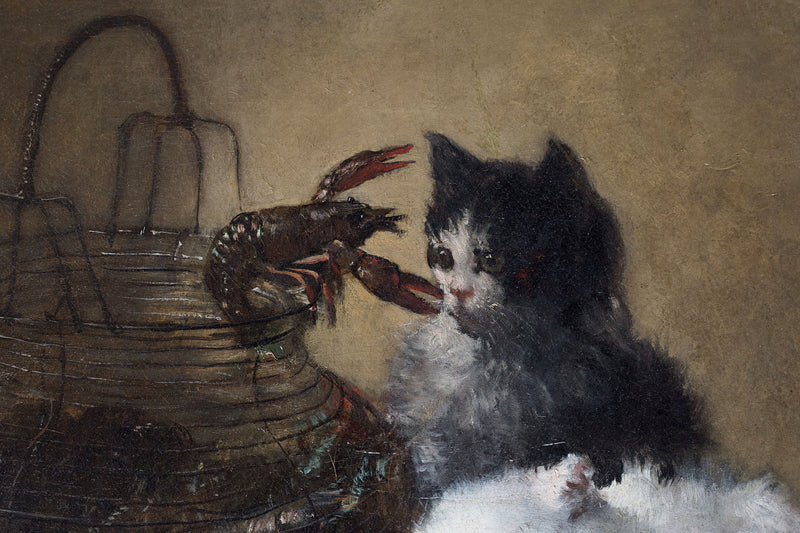 La pintura de Charles Monginot (1825-1900) representa gatitos y mariscos, óleo sobre lienzo.