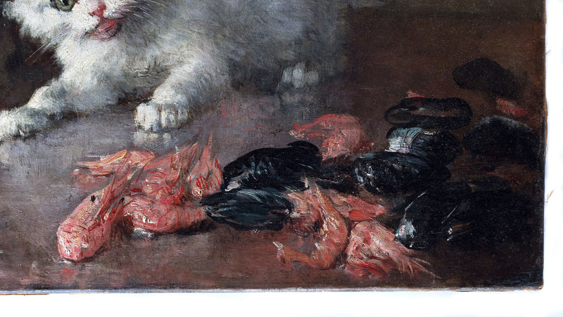 La pintura de Charles Monginot (1825-1900) representa gatitos y mariscos, óleo sobre lienzo.