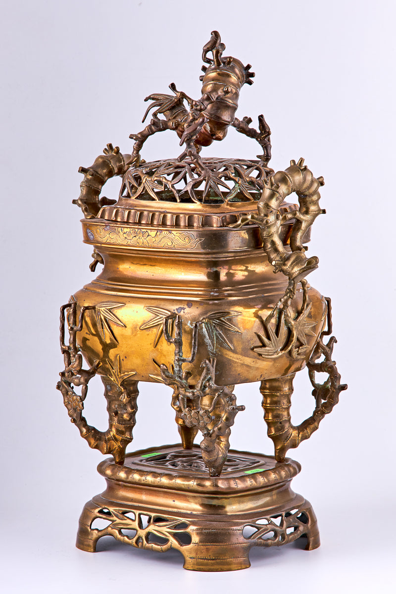Patinated Chinese Temple incense burner in Gilt brass