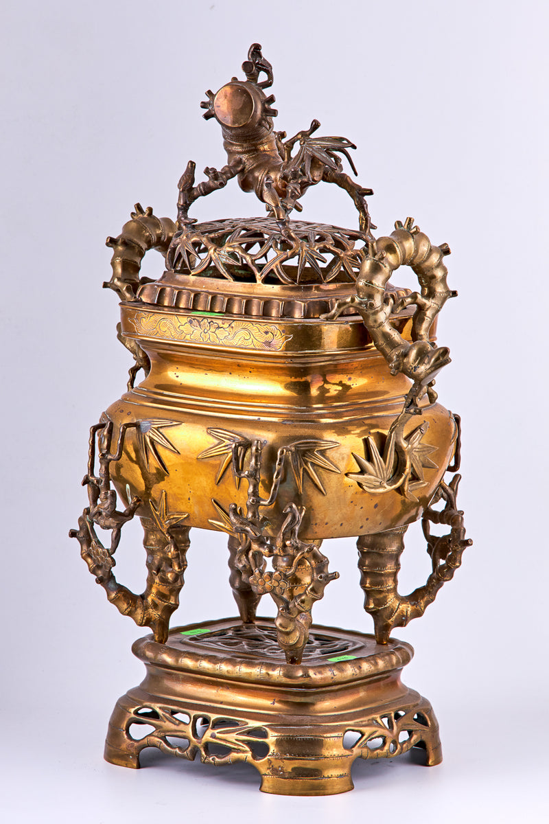 Patinated Chinese Temple incense burner in Gilt brass