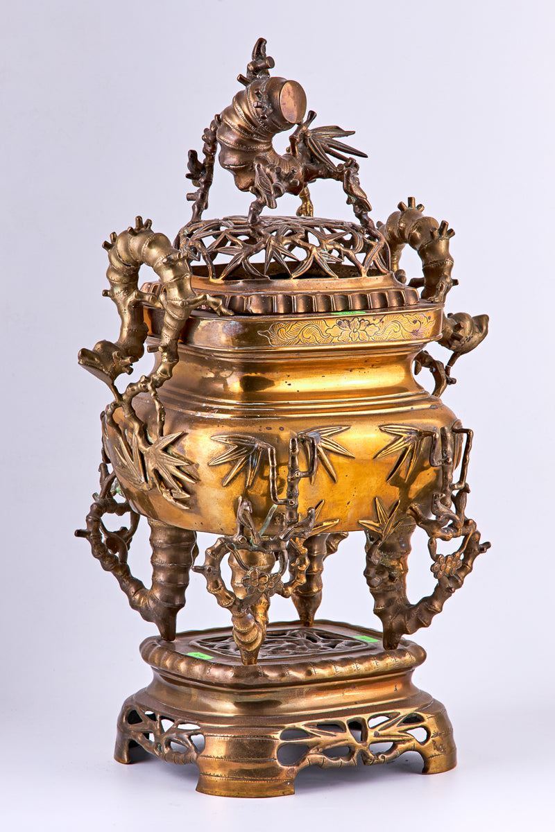 Patinated Chinese Temple incense burner in Gilt brass