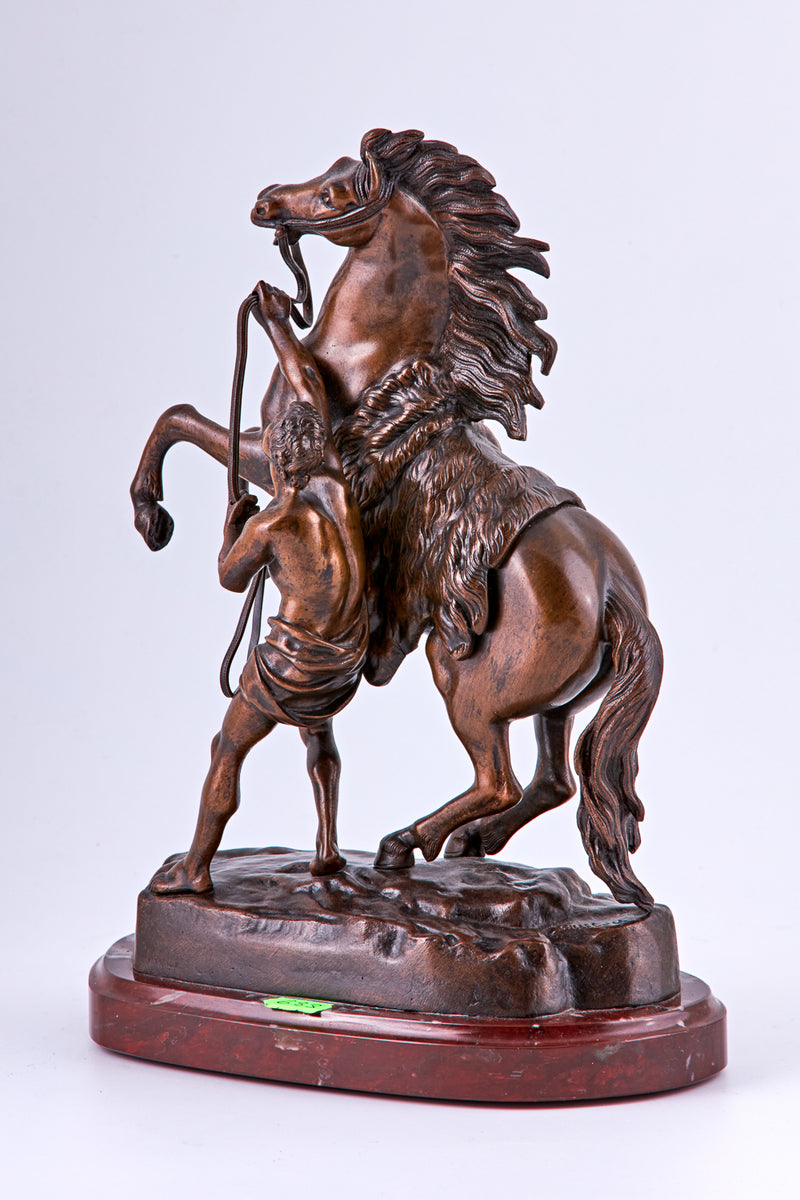 Pair of 19th Century “Cheval de Marly horse and Temper” bronze sculptures on marble plinth