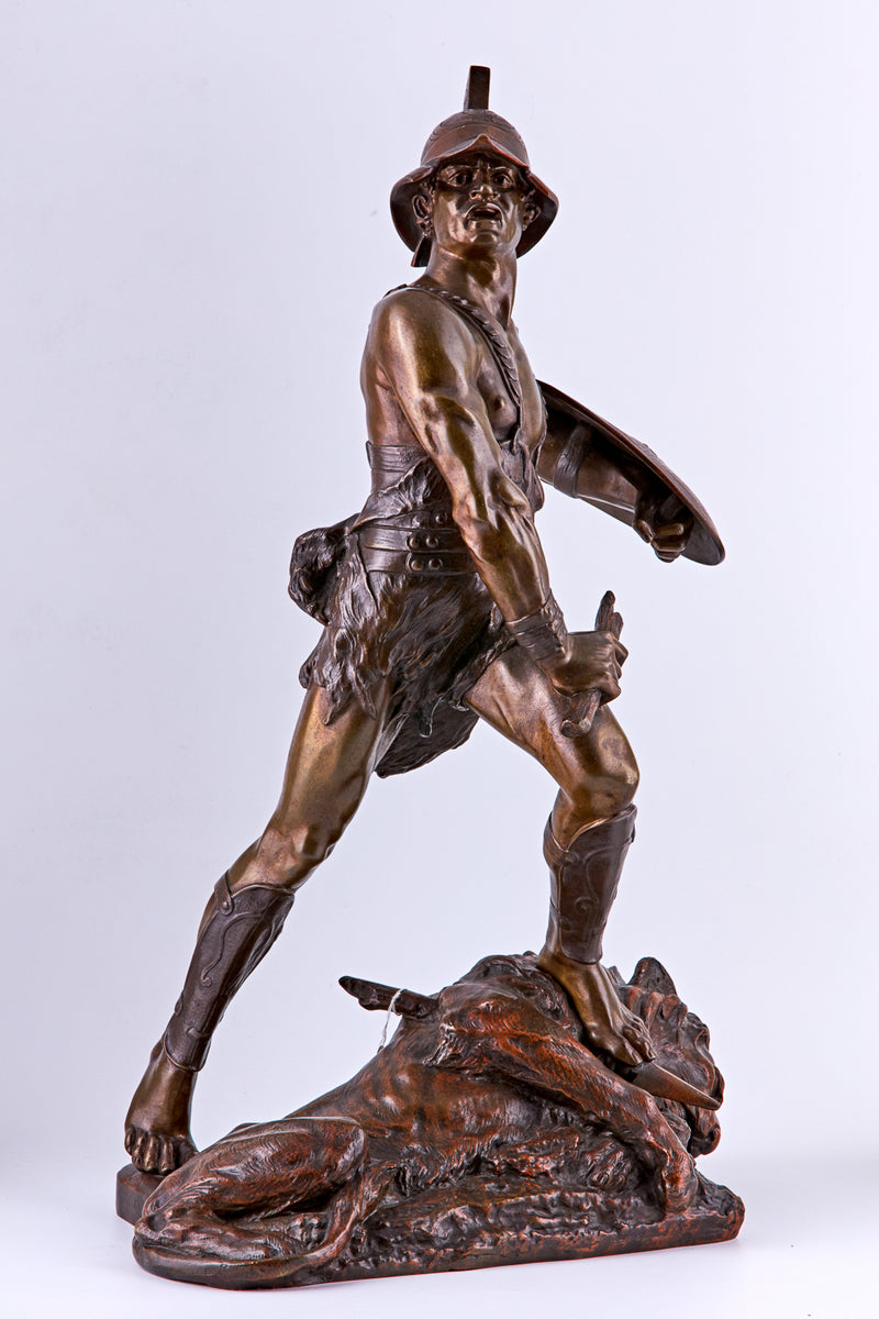 Edouard Drouot bronze sculpture of a Gladiator and defeated lion
