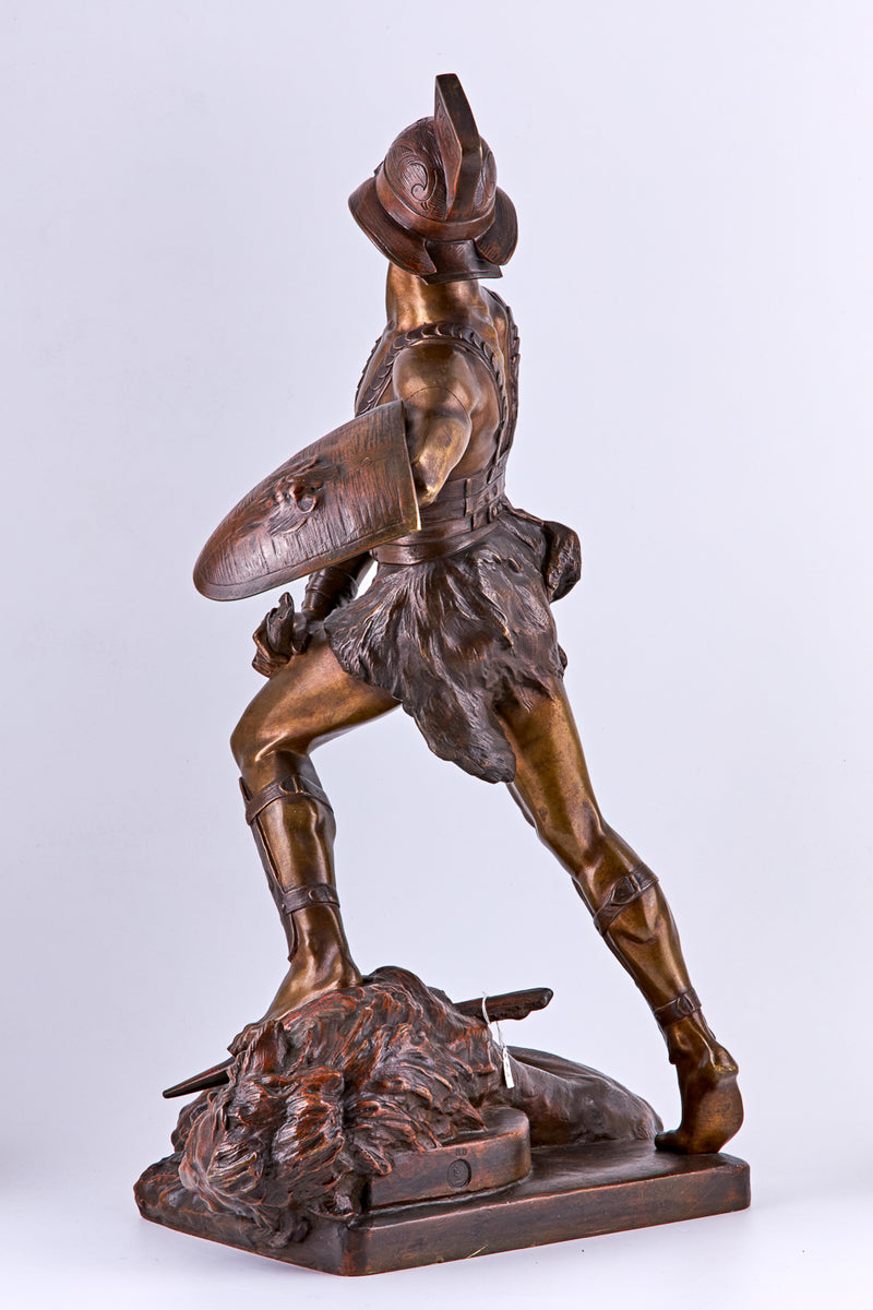Edouard Drouot bronze sculpture of a Gladiator and defeated lion