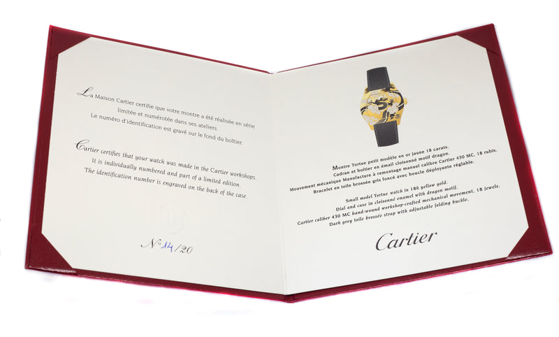 Cartier Tortue Petit Modelé limited edition yellow gold cloisonné enamel wristwatch with dragon motif