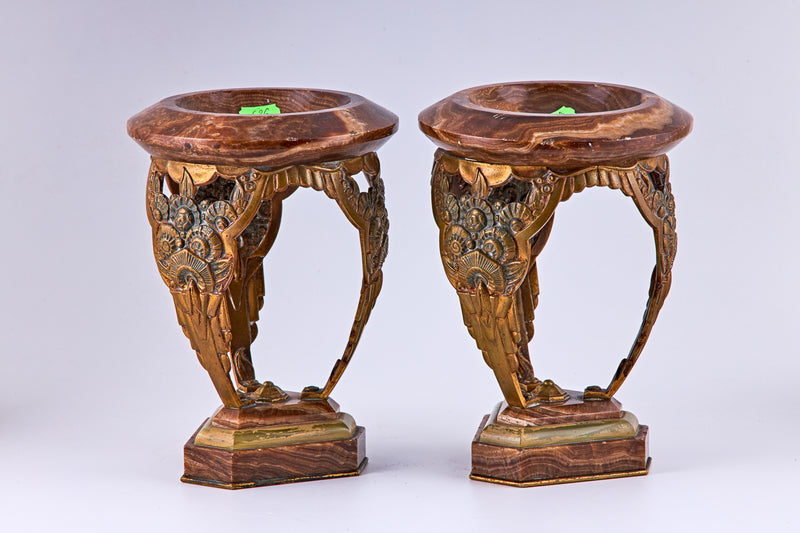 A pair of Art Deco bronze and marble decorative vases, bronze and marble