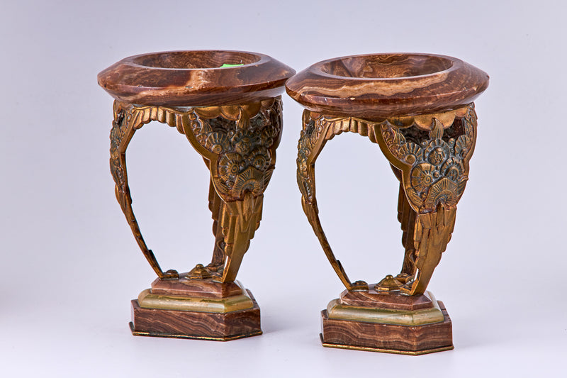 A pair of Art Deco bronze and marble decorative vases, bronze and marble
