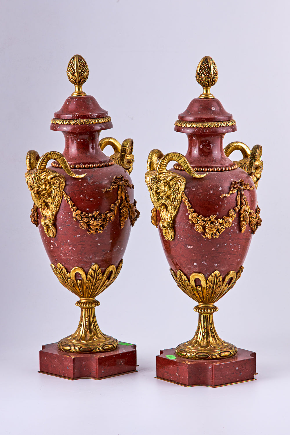 Pair of Neoclassical Style Gilt bronze and marble decorative urns
