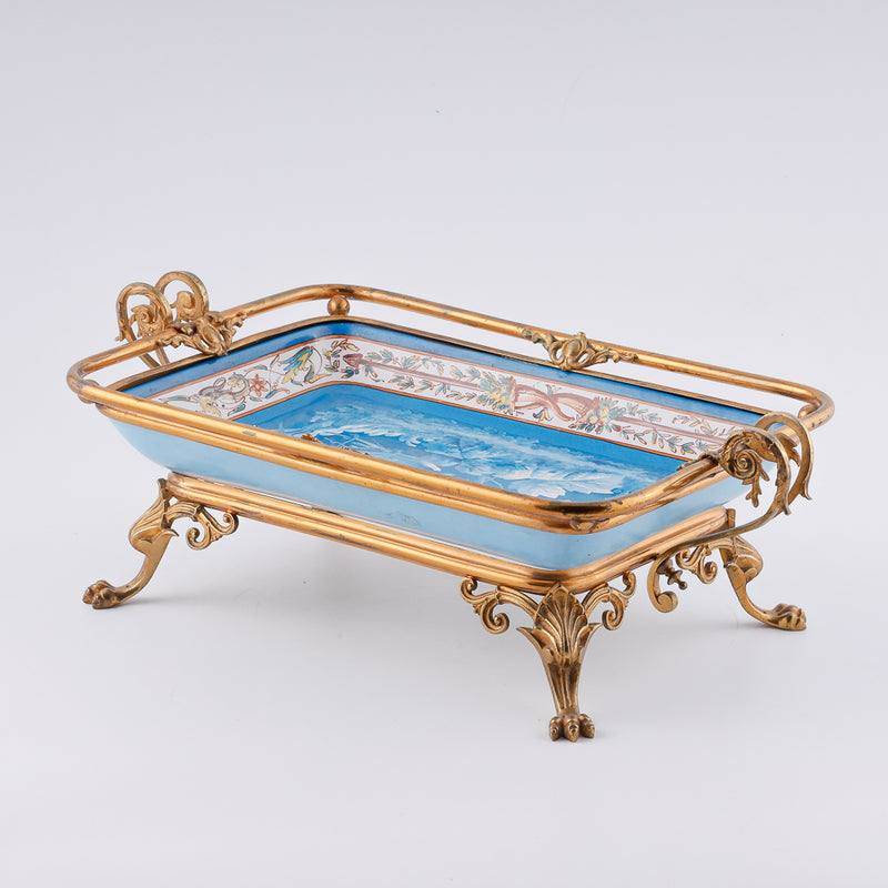 Eclectic 20th century colorful faience fruit tray set in a gold-plated brass setting