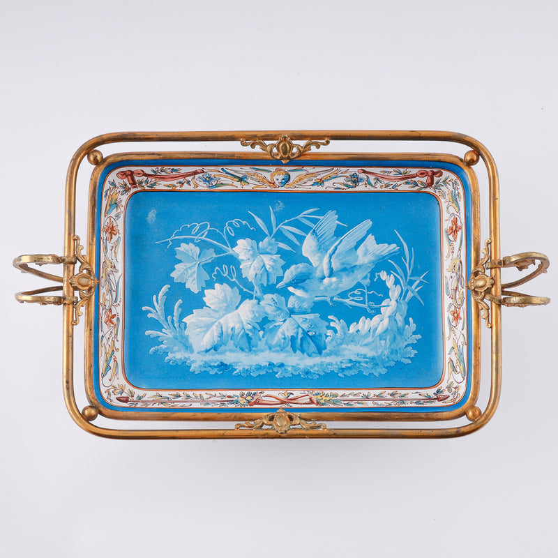 Eclectic 20th century colorful faience fruit tray set in a gold-plated brass setting