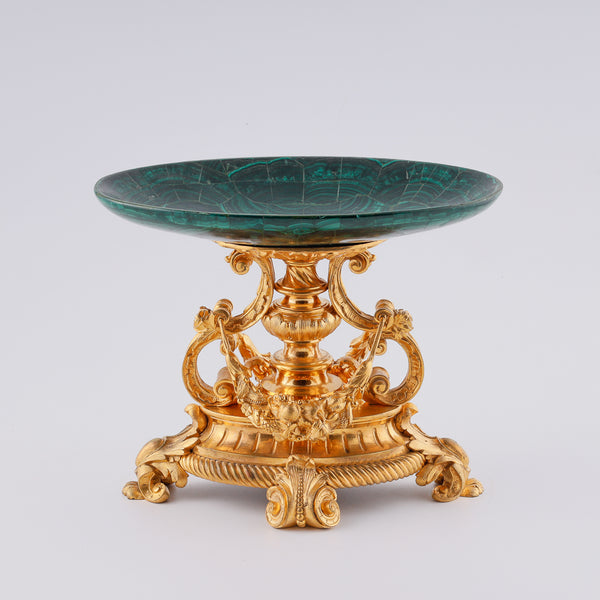Antique Malachite vase on a gold-plated bronze Neoreanissence plinth and fruit garland