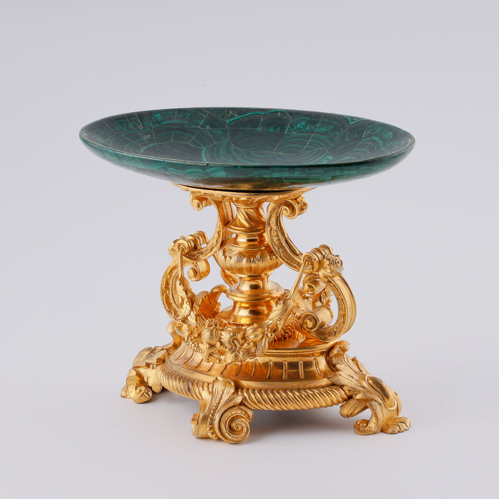 Antique Malachite vase on a gold-plated bronze Neoreanissence plinth and fruit garland