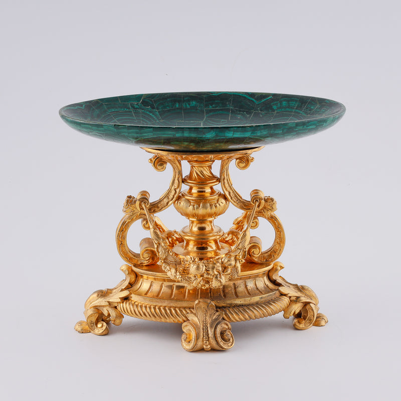 Antique Malachite vase on a gold-plated bronze Neoreanissence plinth and fruit garland