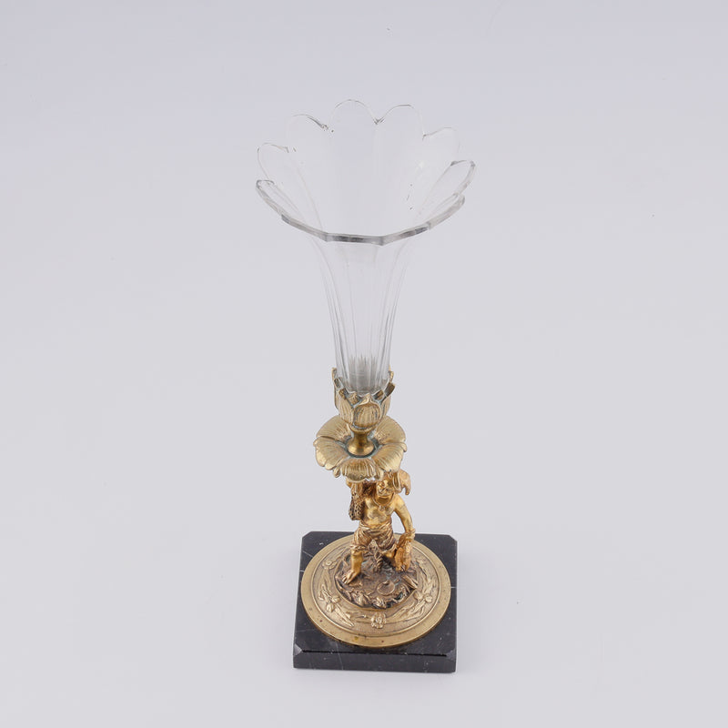 Antique crystal vase with neopolitan fisherman on a bronze plinth